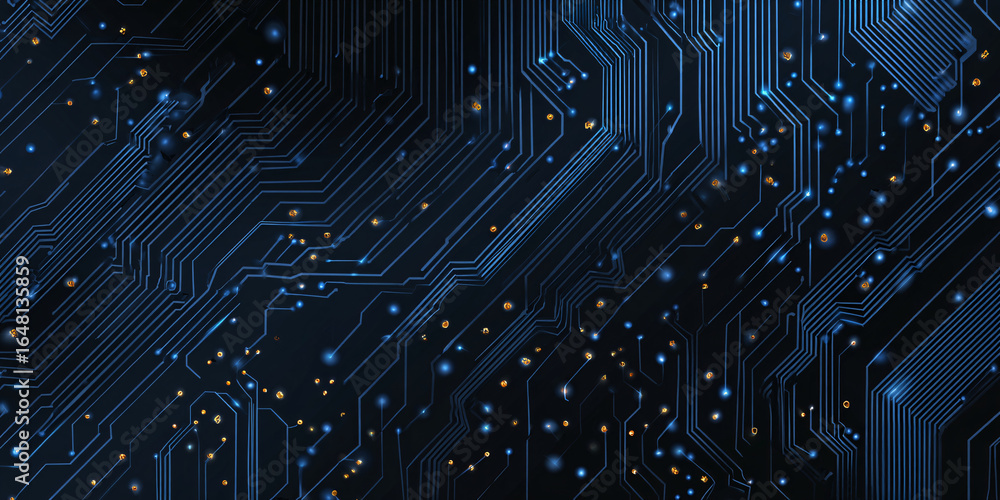 Poster abstract technology background in the form of a blue circuit board. microchips and modern technologi