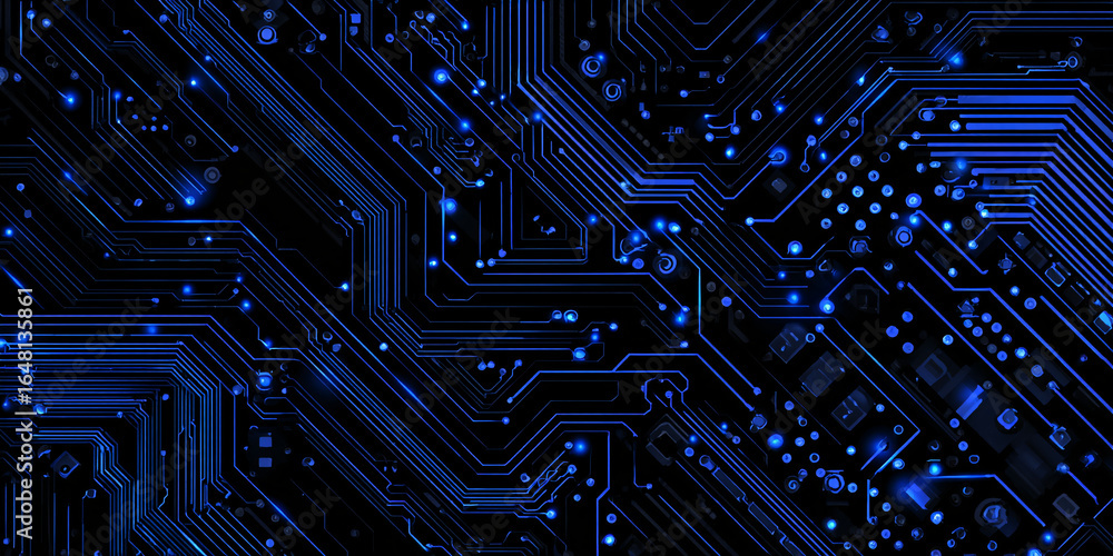 Poster abstract technology background in the form of a blue circuit board. microchips and modern technologi