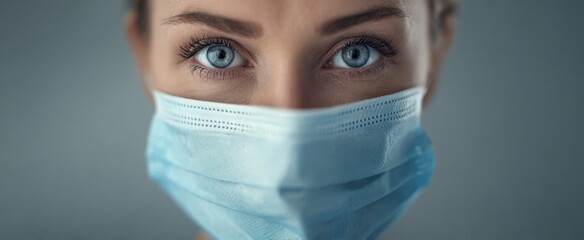 The woman wearing a surgical face mask showing expressive blue eyes