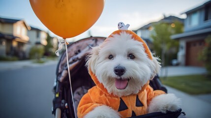 A fluffy white dog sits in a stroller wearing an orange pumpkin costume with a ghost on its head. An orange balloon floats behind it.