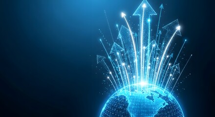 Global Growth: Arrows symbolizing worldwide advancement and progress, emerging from a digital earth, set against a blue backdrop.