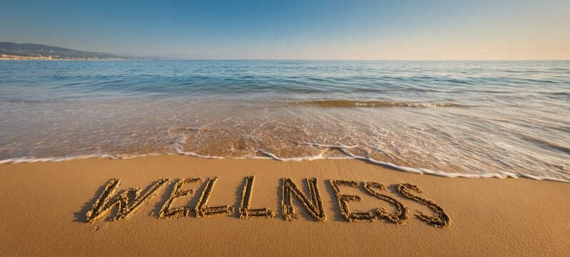 The word WELLNESS written in sand on a tranquil beach at sunrise - Powered by Adobe