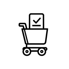 Shopping cart with checkmark for order confirmation and successful online purchase transaction complete