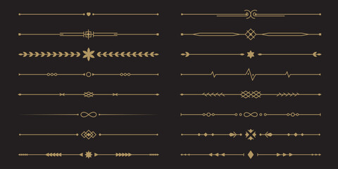 Line gold text dividers. Set of simple geometric borders. Elegant collection for menu, greeting card, diploma designs. Vector illustration isolated on a black background in flat linear style