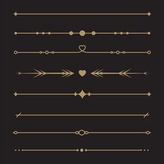 Fototapeta premium Line gold text dividers. Set of simple geometric borders. Elegant collection for menu, greeting card, invitation designs. Vector illustration on a black background