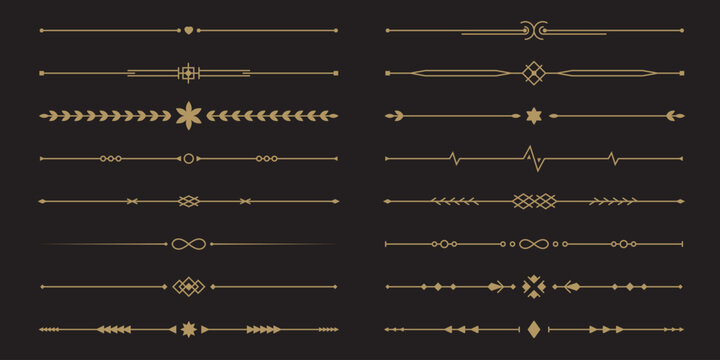 Line gold text dividers. Set of simple geometric borders. Elegant collection for menu, greeting card, diploma designs. Vector illustration isolated on a black background in flat linear style