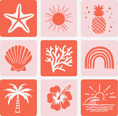 Stunning summer icons featuring starfish, sun, pineapple, shell, coral, rainbow, palm, flower, and waves evoke tropical vibes for vacation designs
