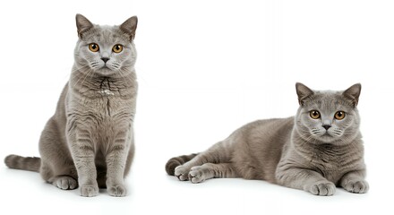 Two British Shorthair gray cats studio portrait on white background ideal for pet insurance and veterinary clinic marketing materials