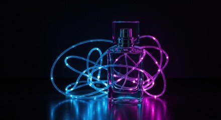 Neon Pink and Blue Perfume Bottle with LED Lights on Dark Background