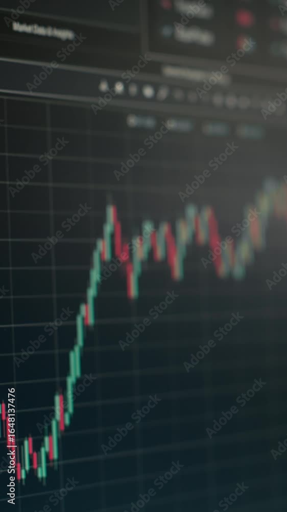 Poster vertical video stock market metrics graphs displayed on computer screens in investment firm office. 
