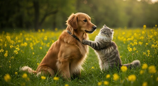 Golden retriever dog and tabby cat sitting together in yellow wildflower meadow during golden hour sunset with soft bokeh background - Powered by Adobe
