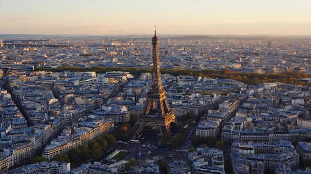 Stunning Eiffel Tower overlooking Paris cityscape at sunrise with warm golden light, aerial or drone view