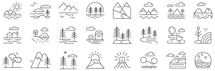 Serene landscapes line art for minimalist designs, nature icons, and travel illustrations that inspire wanderlust.