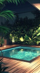 A small pool with a palm tree in the background