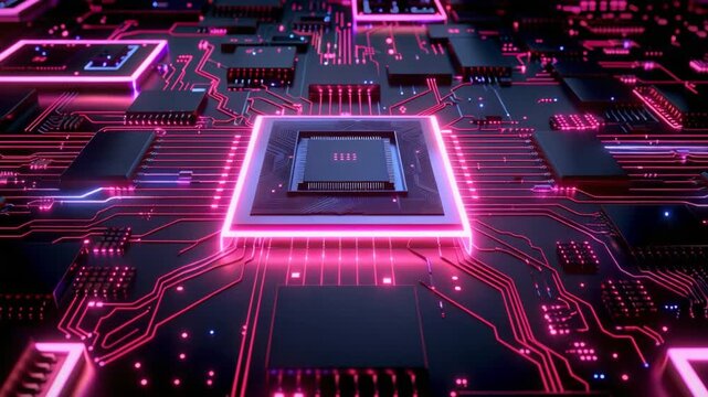 Close-up of a circuit board with glowing components