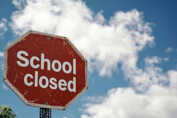 Red stop sign with a stormy backdrop and the School Closed sign displayed