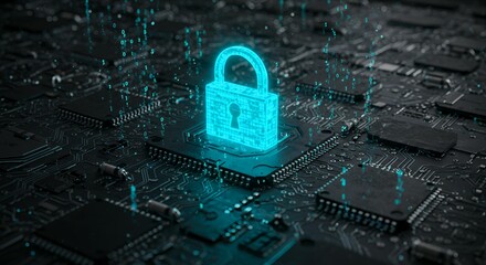 Three-dimensional holographic security padlock on computer circuit board with binary code streams and cyan lighting for cybersecurity concepts
