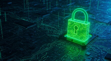 Neon green security padlock hologram floating above circuit board with glowing pathways representing advanced cybersecurity and network protection