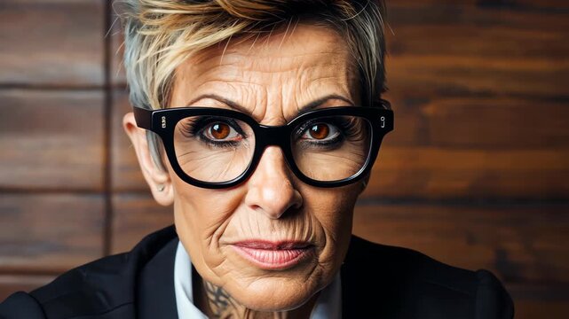 Intense Gaze: A close-up portrait of a mature woman with short blonde hair and stylish eyeglasses, her focused expression radiating confidence and intelligence.