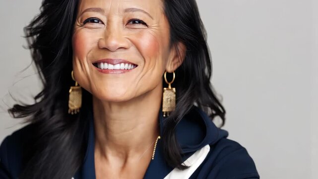 Serene Portrait: A radiant Asian woman with a warm smile, her gaze conveys a sense of peace and inner confidence. This close-up portrait captures her timeless beauty and serene demeanor.