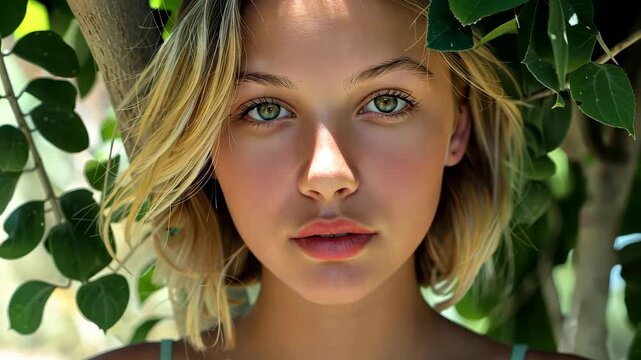 Radiant in Nature's Embrace: A portrait captures the ethereal beauty of a fair-skinned girl, framed by lush green foliage, her gaze serene and captivating.