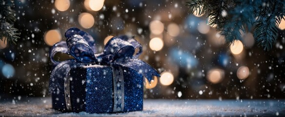 The blue glitter gift box on a snowy table with warm bokeh lights
