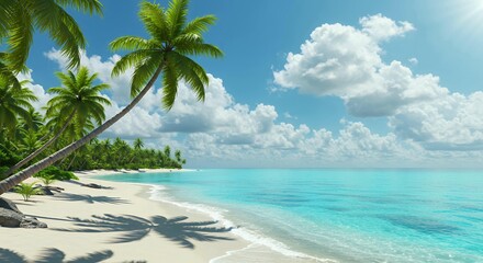 Tropical beach paradise with leaning palm trees and pristine white sand, ideal vacation destination with turquoise ocean waters