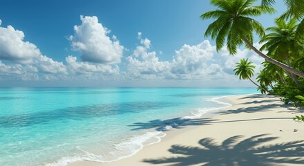 Perfect tropical beach with overhanging palm trees and crystal clear aqua waters, luxury resort destination for travel advertising