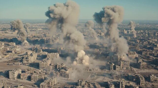 Devastated city engulfed in smoke after bombing, destruction and war aftermath, aerial or drone view