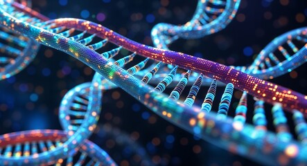 Close up of colorful dna strands with blue and purple hues against a dark background