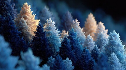 A majestic forest of stylized blue fir trees under a soft luminescence