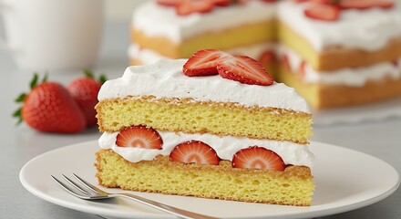 Strawberry Layered Cake: Indulge in a slice of pure delight, a strawberry layer cake, the epitome of dessert. This photorealistic image showcases a slice.