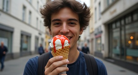 Sweet Treat in the City: A young person savors an ice cream cone with a look of sheer delight, his joyous face mirroring the sun-drenched.