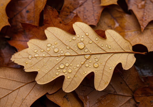 Close up of a single golden oak leaf covered in sparkling water droplets on a bed of autumn leaves