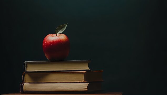 As the first day of school begins, a red apple tops a stack of dusty books before a black chalkboard