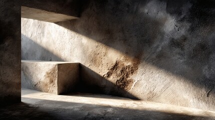 Minimalist concrete wall with geometric shadows and smooth texture in a studio setting.