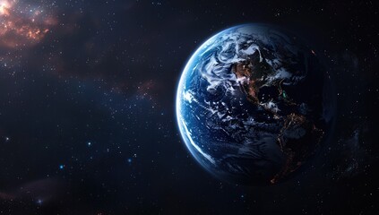 Earth at night, space view, city lights, galaxy background, planet science