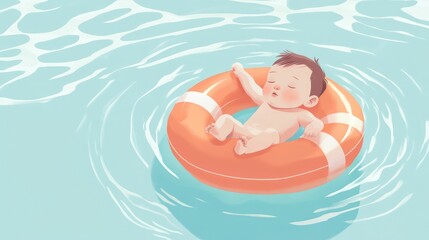 A baby is floating in a pool on an orange life preserver