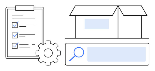 Checklist with checkmarks, gear for settings, open box, search bar magnifying glass. Ideal for inventory, logistics, planning, customization, e-commerce search tools simple landing page