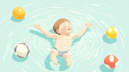 A baby is in the water with a ball and a soccer ball
