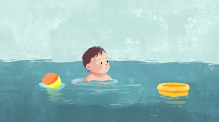 A boy is in the water with a yellow ball and a yellow float