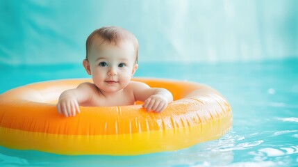 A baby is in a yellow inflatable pool
