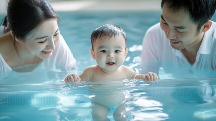 A baby is in the water with his parents