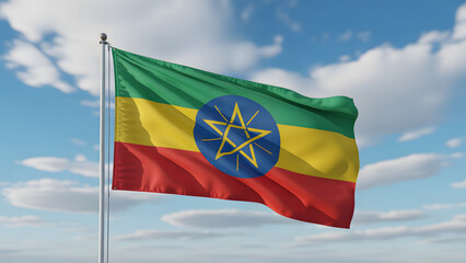 Proudly waving Ethiopian flag against a clear blue sky symbolizes national pride and cultural heritage for global audiences.