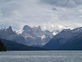 Monkhead Mountain and Mounts Paul and Warren above Maligne Lake, Jasper NP, Alberta, Canada