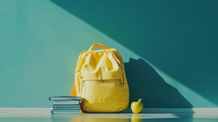 A green chalkboard features a bright yellow backpack alongside it, with books piled and an apple present, symbolizing readiness for education and school