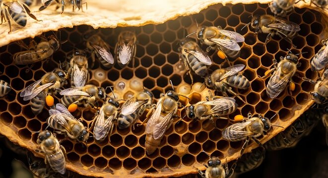 cloae up of bees in their hive