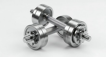 Iron Dumbbells: A pair of gleaming iron dumbbells, expertly crafted, exude strength and the embodiment of fitness. Captured at eye-level.