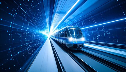 Futuristic Train Journey: Blue Train Speeding Through Illuminated Data Tunnel