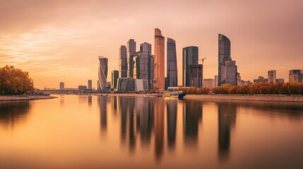 Obraz premium Modern city skyline glowing at sunset, with towering glass buildings reflecting golden evening light.